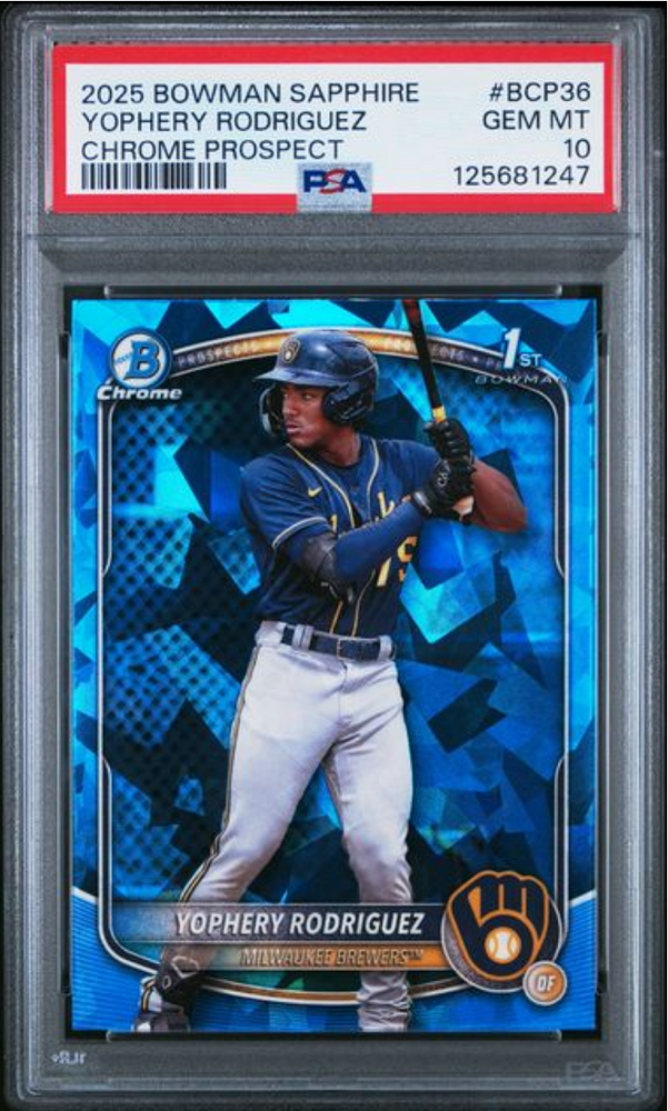 Graded 2025 Topps Bowman Sapphire Yophery Rodriguez #BCP36 Chrome Prospects Rookie RC Baseball Card PSA 10 Gem Mint (ONLINE ORDER ONLY)