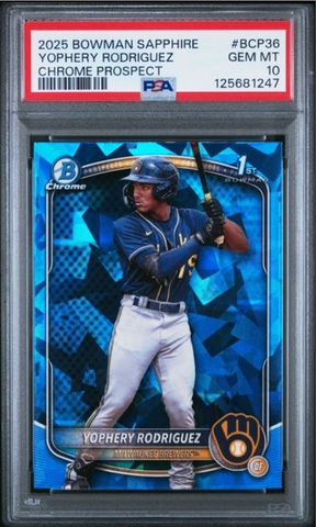 Graded 2025 Topps Bowman Sapphire Yophery Rodriguez #BCP36 Chrome Prospects Rookie RC Baseball Card PSA 10 Gem Mint (ONLINE ORDER ONLY)