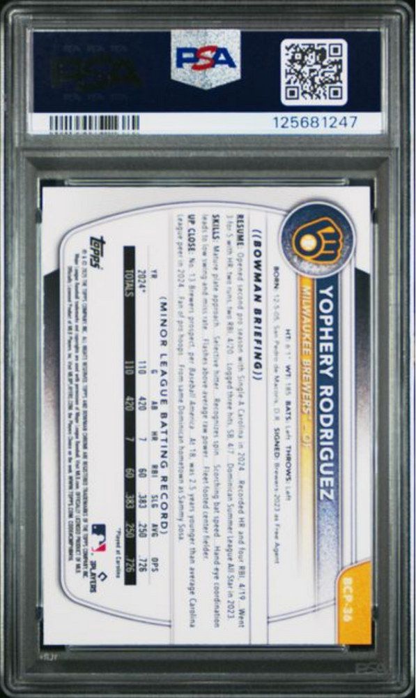 Graded 2025 Topps Bowman Sapphire Yophery Rodriguez #BCP36 Chrome Prospects Rookie RC Baseball Card PSA 10 Gem Mint (ONLINE ORDER ONLY)