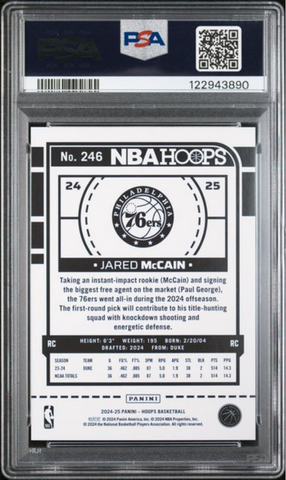 Graded 2024 Panini Hoops Jared McCain #246 Purple Explosion /110 Rookie RC Basketball Card PSA 10 Gem Mint (ONLINE ORDER ONLY)