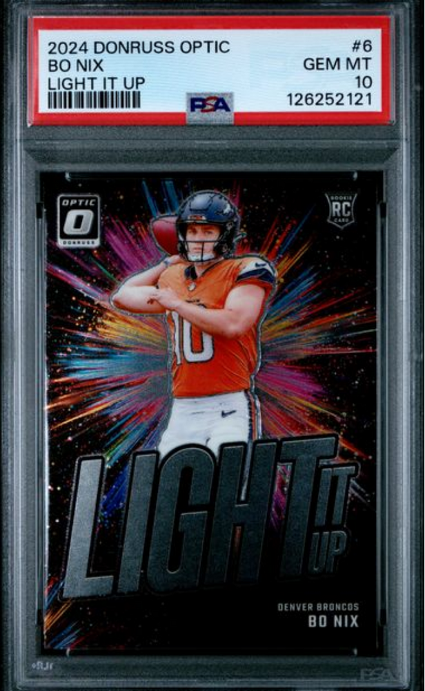 Graded 2024 Panini Donruss Optic Bo Nix #6 Light It Up Rookie RC Football Card PSA 10 Gem Mint (ONLINE ORDER ONLY)