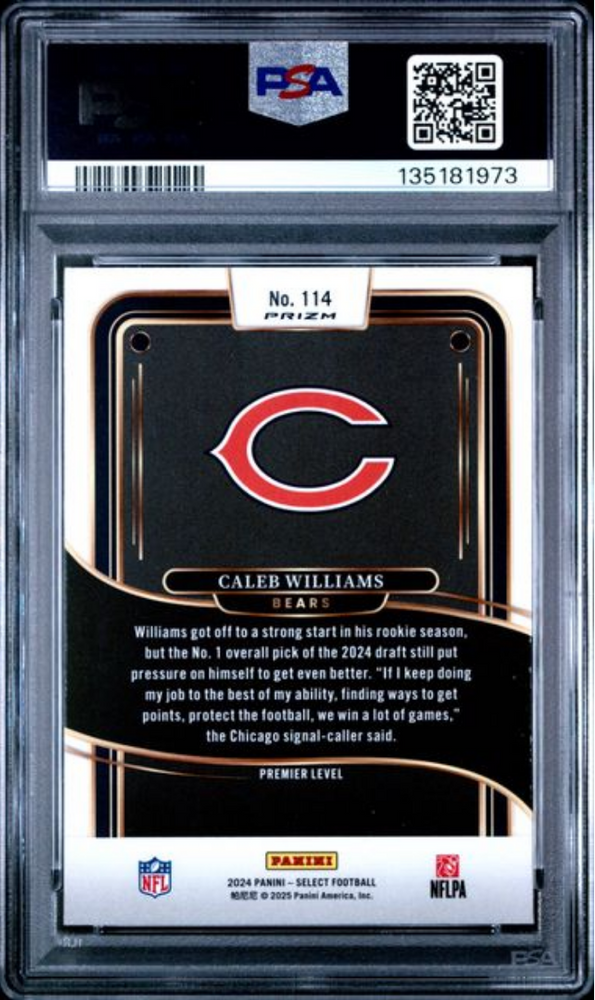 Graded 2024 Panini Select Caleb Williams #114 Black & Green Shock Rookie RC Football Card PSA 10 Gem Mint (ONLINE ORDER ONLY)