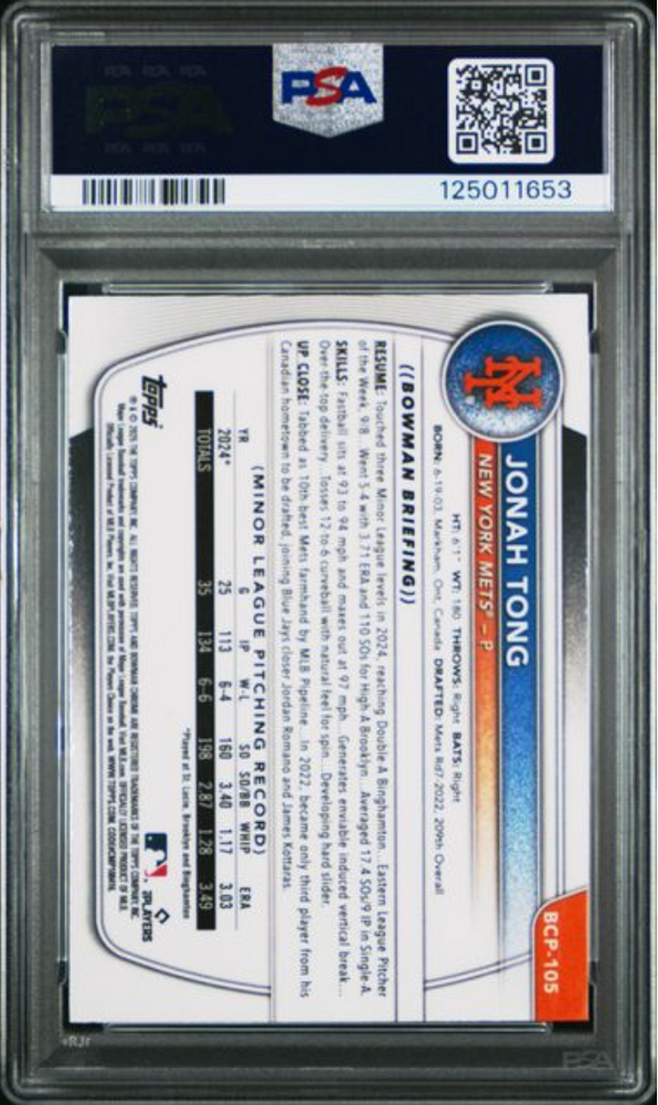 Graded 2025 Topps Bowman Jonah Tong #BCP105 Chrome Prospects Fuschia Wave /199 Rookie RC Baseball Card PSA 10 Gem Mint (ONLINE ORDER ONLY)
