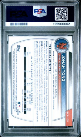 Graded 2025 Topps Bowman Sapphire Jonah Tong #BCP105 Chrome Prospects Rookie RC Baseball Card PSA 10 Gem Mint (ONLINE ORDER ONLY)