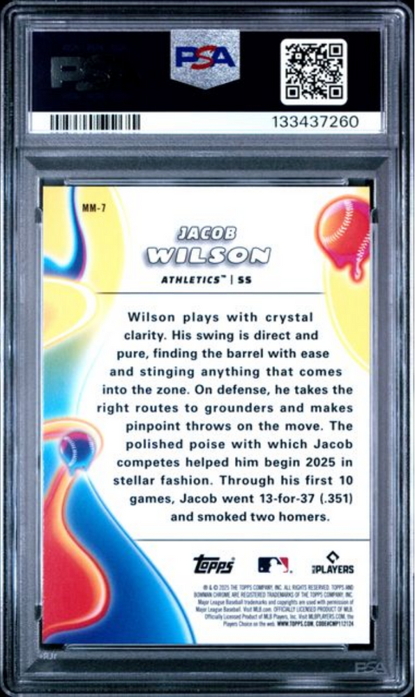 Graded 2025 Topps Bowman Chrome Jacob Wilson #MM7 Melt Mashers Rookie RC Baseball Card PSA 10 Gem Mint (ONLINE ORDER ONLY)