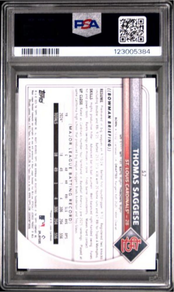 Graded 2025 Topps Bowman Thomas Saggese #57 Rookie RC Baseball Card PSA 10 Gem Mint (ONLINE ORDER ONLY)