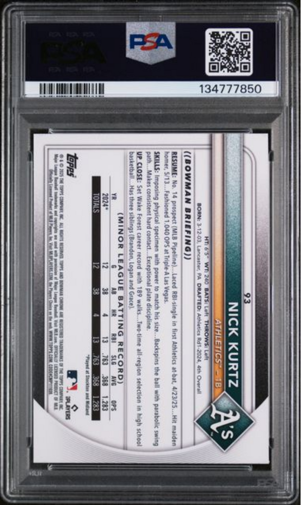 Graded 2025 Topps Bowman Chrome Mega Box Nick Kurtz #93 Rookie RC Baseball Card PSA 10 Gem Mint (ONLINE ORDER ONLY)