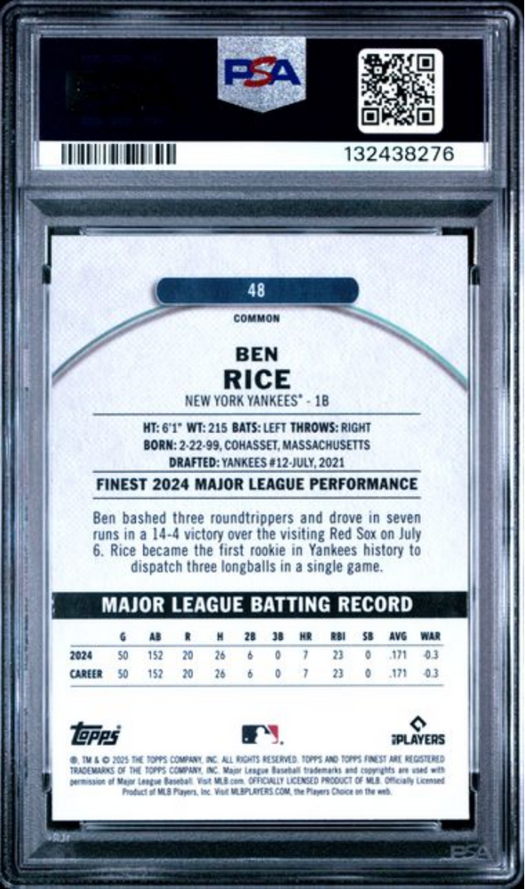 Graded 2025 Topps Finest Ben Rice #48 Rookie RC Baseball Card PSA 10 Gem Mint (ONLINE ORDER ONLY)