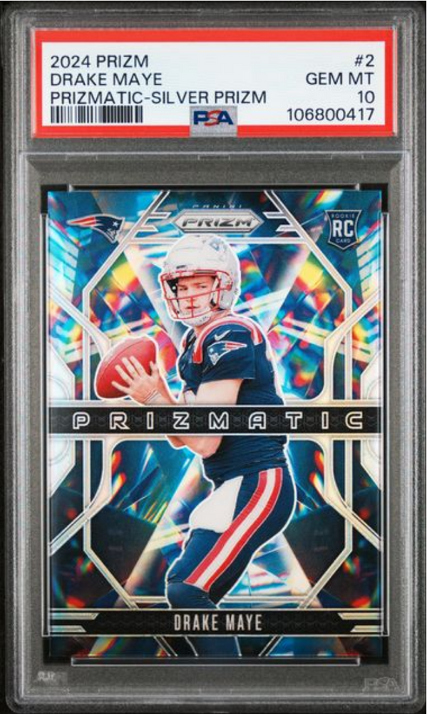 Graded 2024 Panini Prizm Drake Maye #2 Prizmatic Silver Prizm Rookie RC Football Card PSA 10 Gem Mint (ONLINE ORDER ONLY)