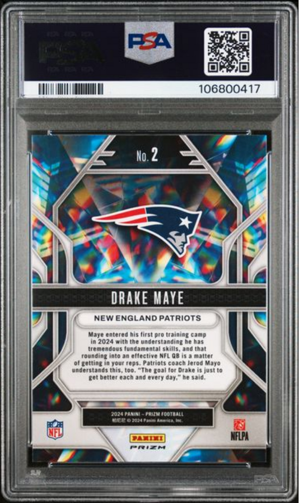 Graded 2024 Panini Prizm Drake Maye #2 Prizmatic Silver Prizm Rookie RC Football Card PSA 10 Gem Mint (ONLINE ORDER ONLY)