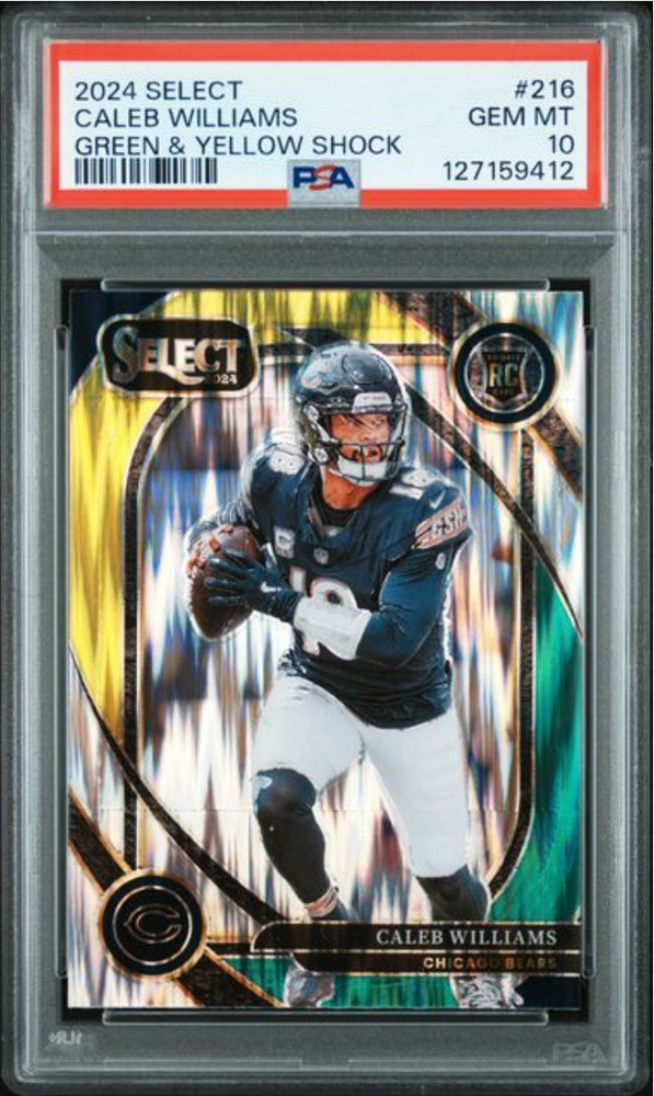 Graded 2024 Panini Select Caleb Williams #216 Green & Yellow Shock Rookie RC Football Card PSA 10 Gem Mint (ONLINE ORDER ONLY)