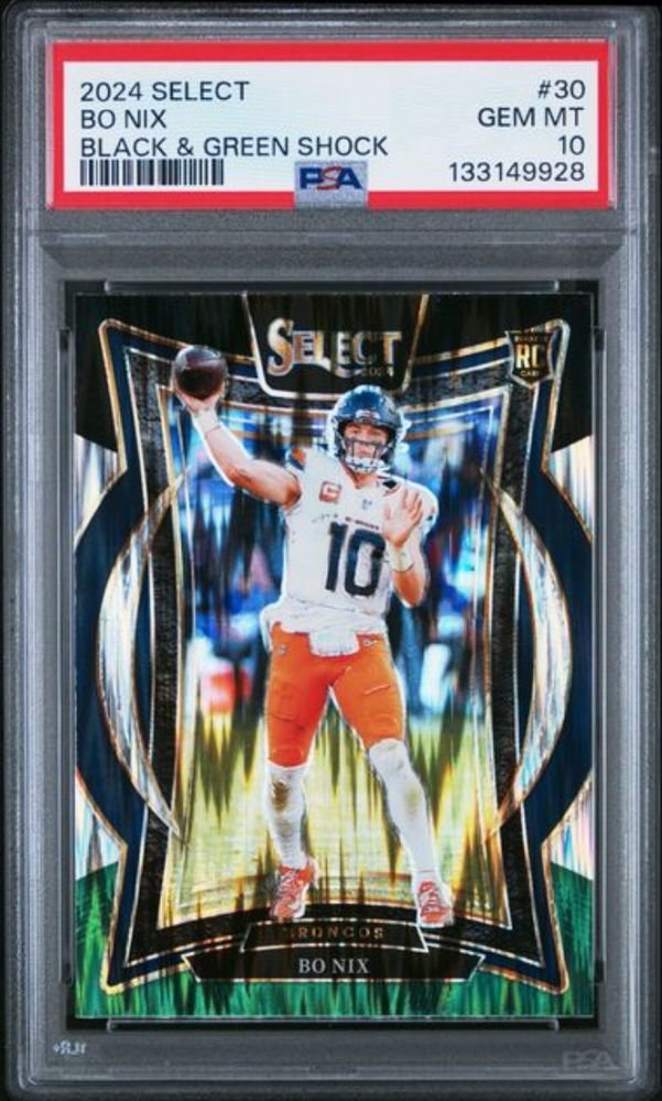 Graded 2024 Panini Select Bo Nix #30 Black & Green Shock Rookie RC Football Card PSA 10 Gem Mint (ONLINE ORDER ONLY)