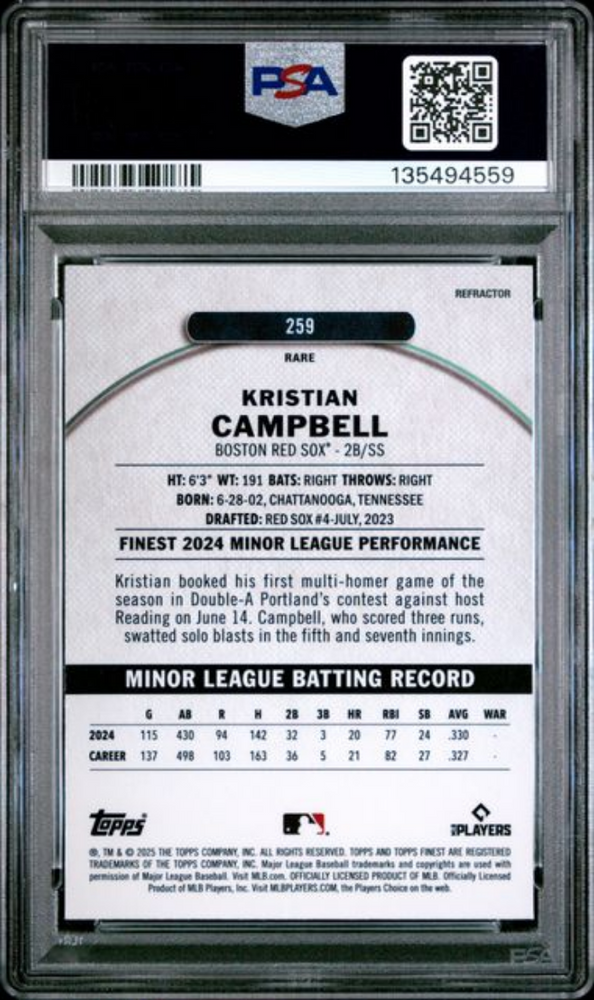 Graded 2025 Topps Finest Kristian Campbell #259 Refractor Rookie RC Baseball Card PSA 10 Gem Mint (ONLINE ORDER ONLY)