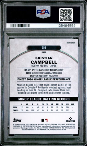 Graded 2025 Topps Finest Kristian Campbell #259 Refractor Rookie RC Baseball Card PSA 10 Gem Mint (ONLINE ORDER ONLY)