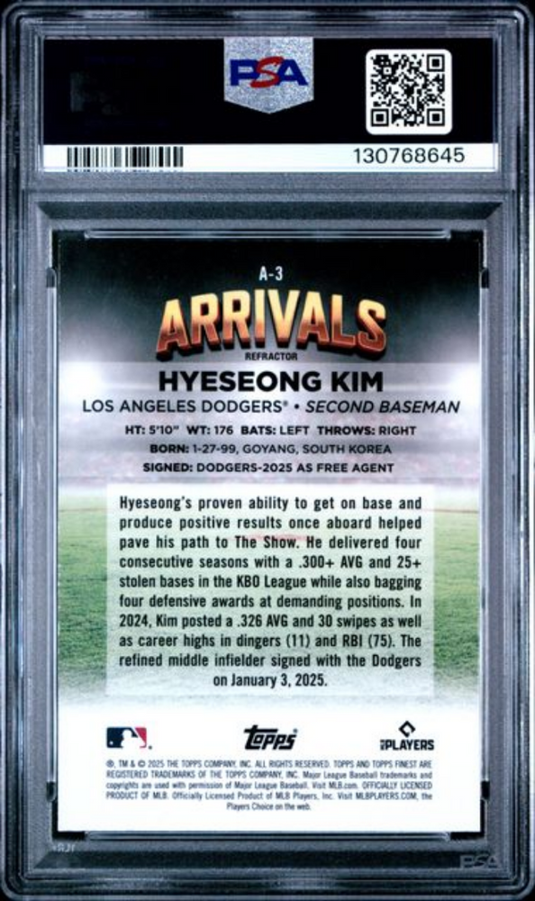Graded 2025 Topps Finest Hyeseong Kim #A3 Arrivals Refractor Rookie RC Baseball Card PSA 10 Gem Mint (ONLINE ORDER ONLY)