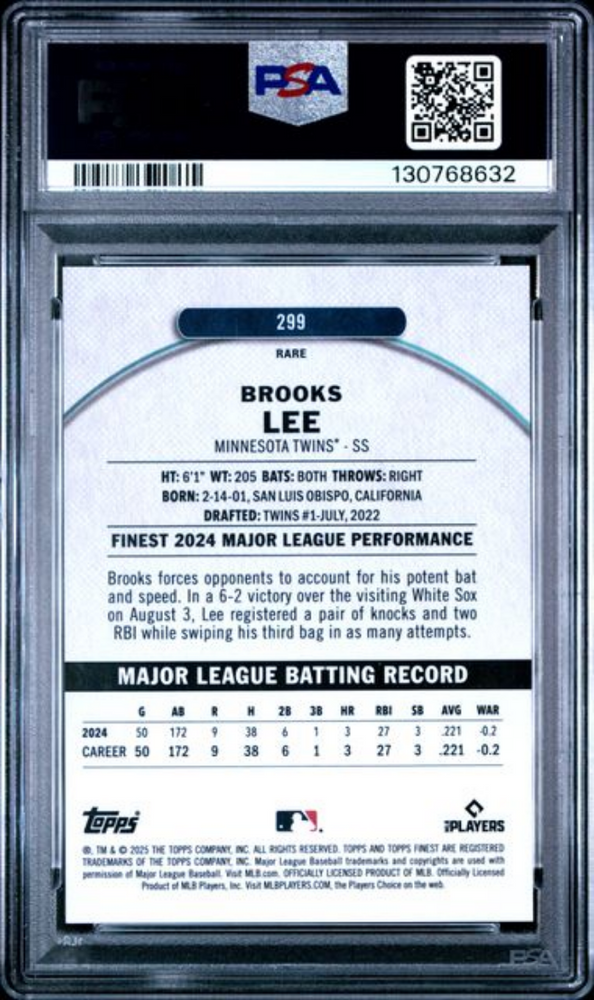 Graded 2025 Topps Finest Brooks Lee #289 Blue Checkerboard Rookie RC Baseball Card PSA 10 Gem Mint (ONLINE ORDER ONLY)