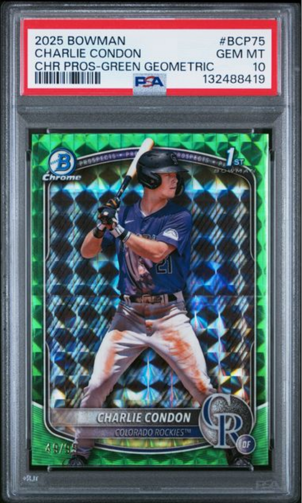 Graded 2025 Topps Bowman Charlie Condon #BCP75 Chrome Prospects Green Geometric /99 Rookie RC Baseball Card PSA 10 Gem Mint (ONLINE ORDER ONLY)