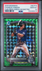Graded 2025 Topps Bowman Charlie Condon #BCP75 Chrome Prospects Green Geometric /99 Rookie RC Baseball Card PSA 10 Gem Mint (ONLINE ORDER ONLY)