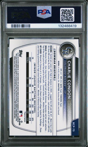 Graded 2025 Topps Bowman Charlie Condon #BCP75 Chrome Prospects Green Geometric /99 Rookie RC Baseball Card PSA 10 Gem Mint (ONLINE ORDER ONLY)