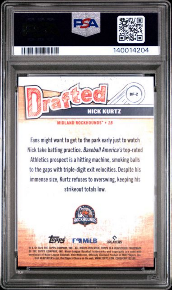 Graded 2025 Topps Pro Debut Nick Kurtz #DF2 Drafted Rookie RC Baseball Card PSA 10 Gem Mint (ONLINE ORDER ONLY)