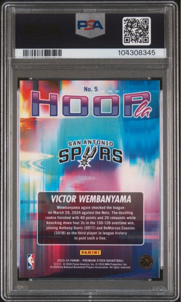 Graded 2023 Panini NBA Hoops Premium Stock Victor Wembanyama #5 Hoopla Rookie RC Basketball Card PSA 10 Gem Mint (ONLINE ORDER ONLY)