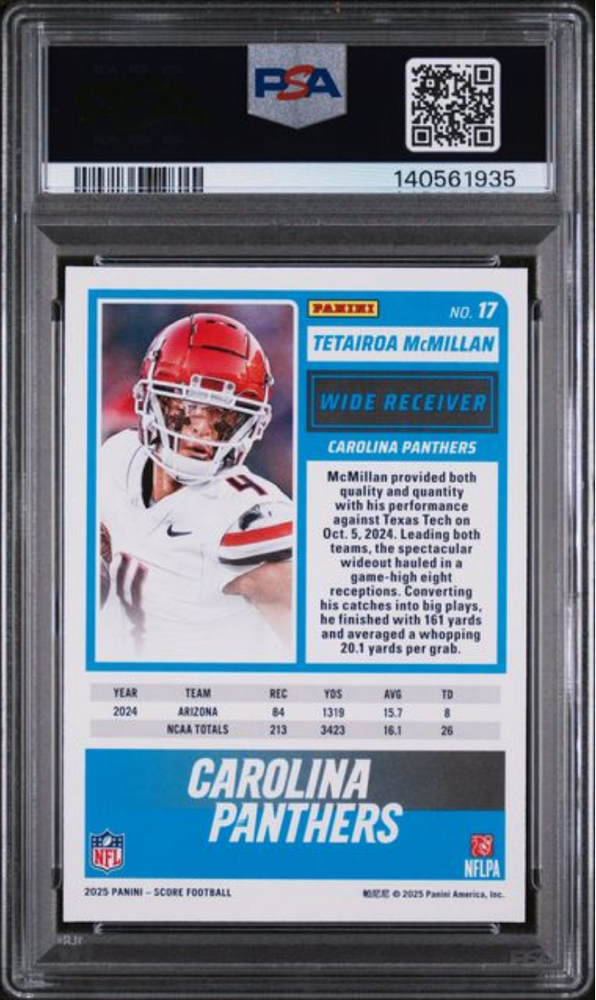 Graded 2025 Panini Score Tetairoa McMillan #17 Rookie RC Football Card PSA 10 Gem Mint (ONLINE ORDER ONLY)