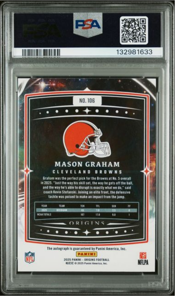Graded 2025 Panini Origins Mason Graham #106 Signature /99 Rookie RC Football Card PSA 10 Gem Mint (ONLINE ORDER ONLY)