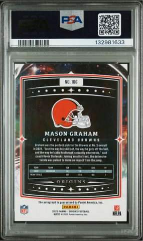 Graded 2025 Panini Origins Mason Graham #106 Signature /99 Rookie RC Football Card PSA 10 Gem Mint (ONLINE ORDER ONLY)