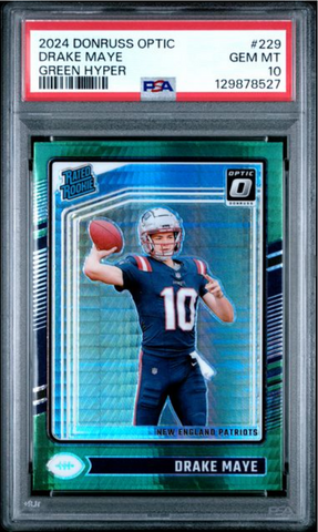 Graded 2024 Panini Donruss Optic Drake Maye #229 Green Hyper Rookie RC Football Card PSA 10 Gem Mint (ONLINE ORDER ONLY)