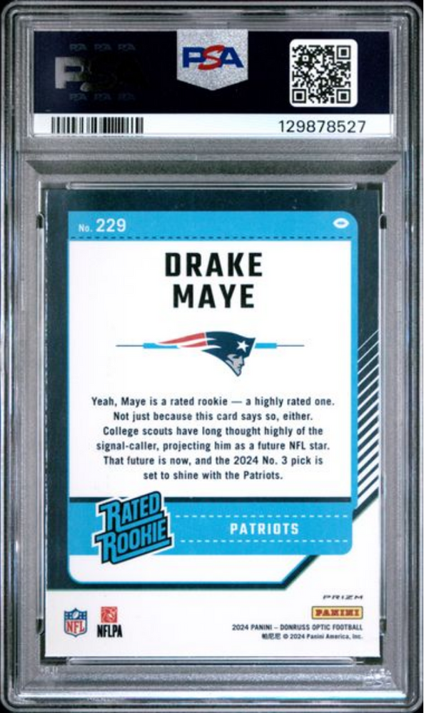 Graded 2024 Panini Donruss Optic Drake Maye #229 Green Hyper Rookie RC Football Card PSA 10 Gem Mint (ONLINE ORDER ONLY)