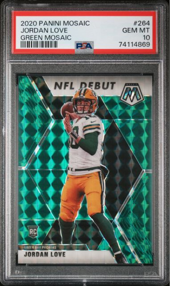 Graded 2020 Panini Mosaic Jordan Love #264 Green Mosaic Rookie RC Football Card PSA 10 Gem Mint (ONLINE ORDER ONLY)