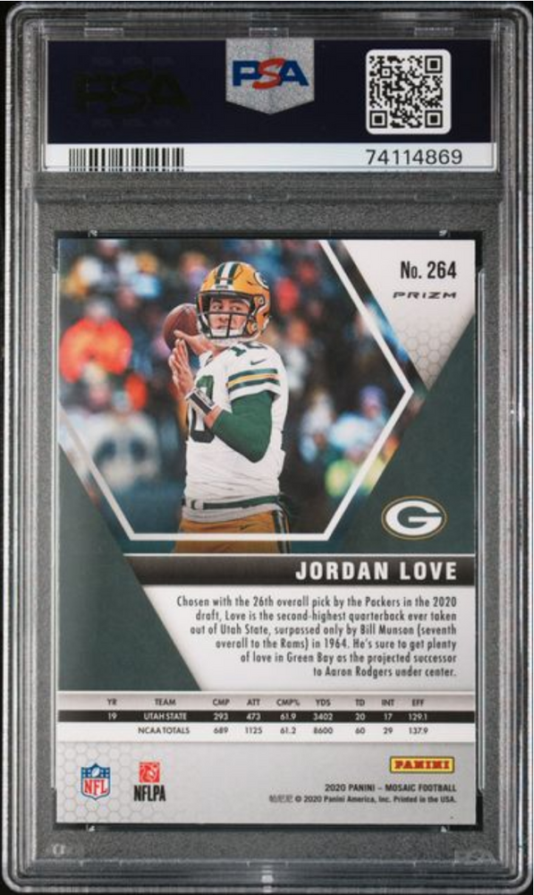 Graded 2020 Panini Mosaic Jordan Love #264 Green Mosaic Rookie RC Football Card PSA 10 Gem Mint (ONLINE ORDER ONLY)