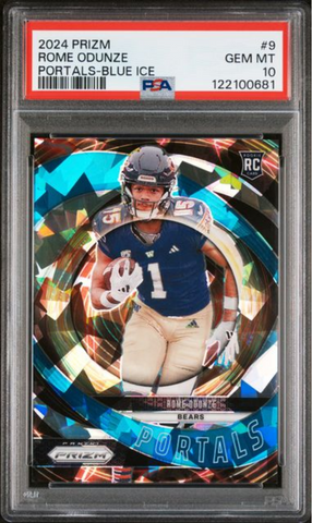 Graded 2024 Panini Prizm Rome Odunze #9 Portals Blue Ice /99 Rookie RC Football Card PSA 10 Gem Mint (ONLINE ORDER ONLY)