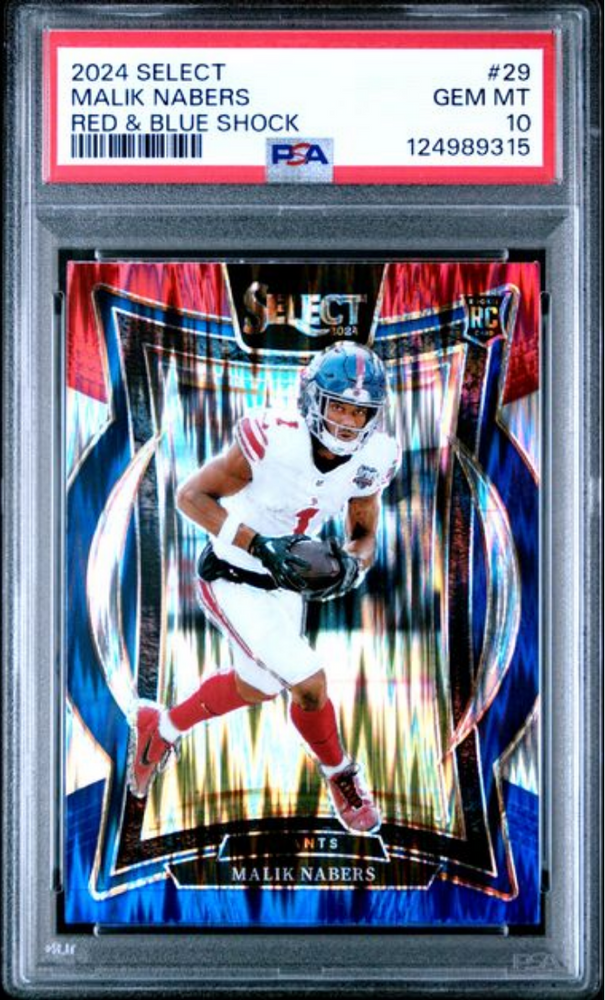 Graded 2024 Panini Select Malik Nabers #29 Red & Blue Shock Rookie RC Football Card PSA 10 Gem Mint (ONLINE ORDER ONLY)