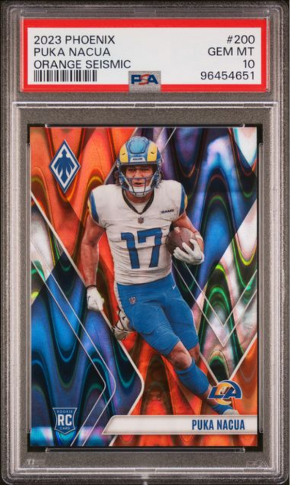 Graded 2023 Panini Phoenix Puka Nacua #200 Orange Seismic /99 Rookie RC Football Card PSA 10 Gem Mint (ONLINE ORDER ONLY)