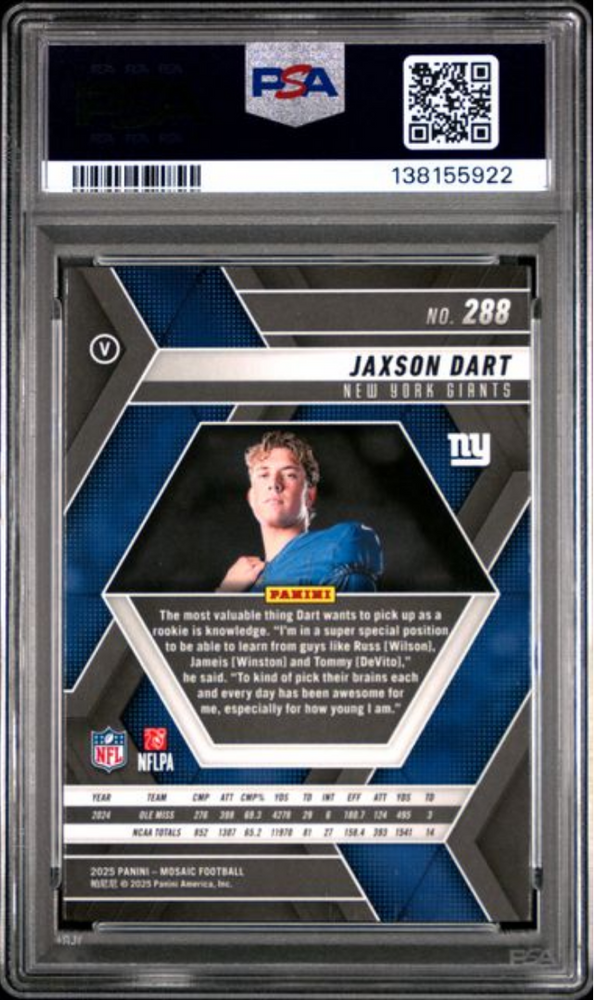 Graded 2025 Panini Mosaic Jaxson Dart #288 Rookie RC Football Card PSA 10 Gem Mint (ONLINE ORDER ONLY)