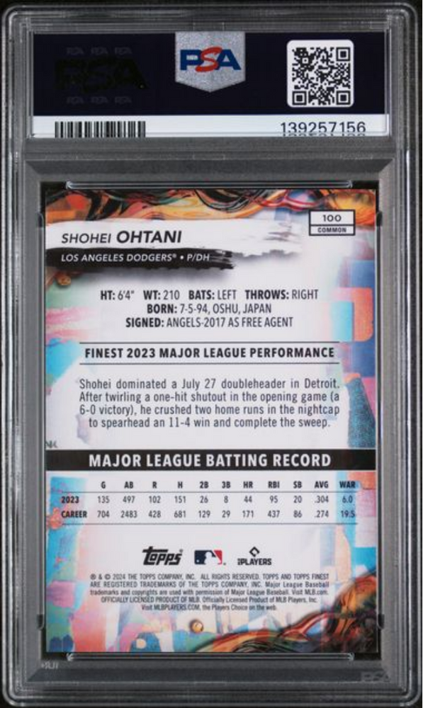 Graded 2024 Topps Finest Shohei Ohtani #100 Baseball Card PSA 10 Gem Mint (ONLINE ORDER ONLY)