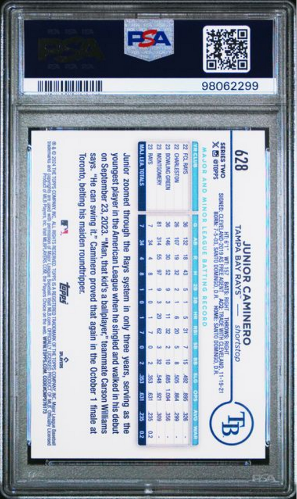 Graded 2024 Topps Junior Caminero #628 ASG Exclusive Rookie RC Baseball Card PSA 10 Gem Mint (ONLINE ORDER ONLY)