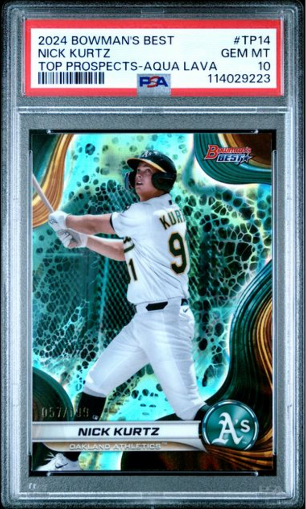 Graded 2024 Topps Bowmans Best Nick Kurtz #TP14 Top Prospects Aqua Lava /199 Rookie RC Baseball Card PSA 10 Gem Mint (ONLINE ORDER ONLY)