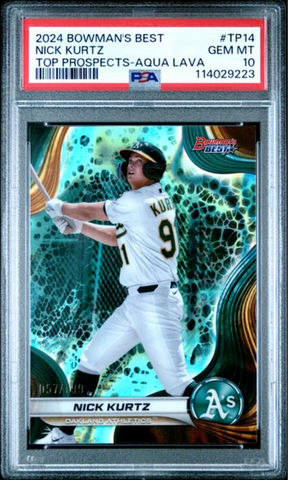 Graded 2024 Topps Bowmans Best Nick Kurtz #TP14 Top Prospects Aqua Lava /199 Rookie RC Baseball Card PSA 10 Gem Mint (ONLINE ORDER ONLY)