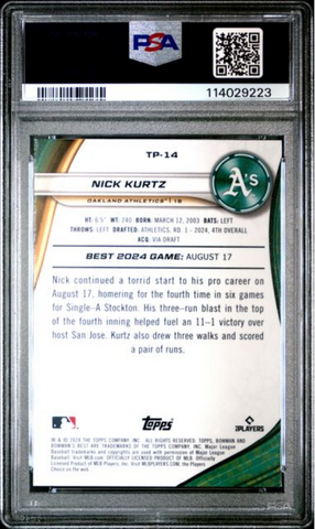 Graded 2024 Topps Bowmans Best Nick Kurtz #TP14 Top Prospects Aqua Lava /199 Rookie RC Baseball Card PSA 10 Gem Mint (ONLINE ORDER ONLY)