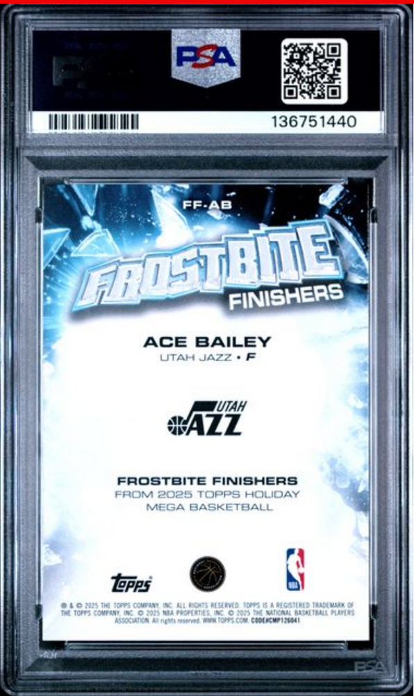 Graded 2025 Topps Holiday Ace Bailey #FFAB Frostbite Finishers Rookie RC Basketball Card PSA 10 Gem Mint (ONLINE ORDER ONLY)