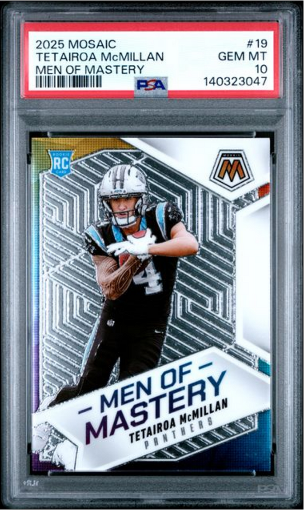 Graded 2025 Panini Mosaic Tetairoa McMillan #19 Men of Mastery Rookie RC Football Card PSA 10 Gem Mint (ONLINE ORDER ONLY)