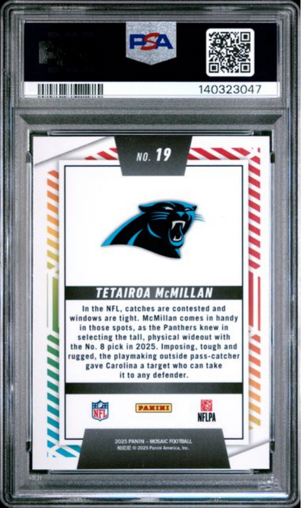 Graded 2025 Panini Mosaic Tetairoa McMillan #19 Men of Mastery Rookie RC Football Card PSA 10 Gem Mint (ONLINE ORDER ONLY)