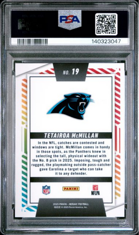 Graded 2025 Panini Mosaic Tetairoa McMillan #19 Men of Mastery Rookie RC Football Card PSA 10 Gem Mint (ONLINE ORDER ONLY)