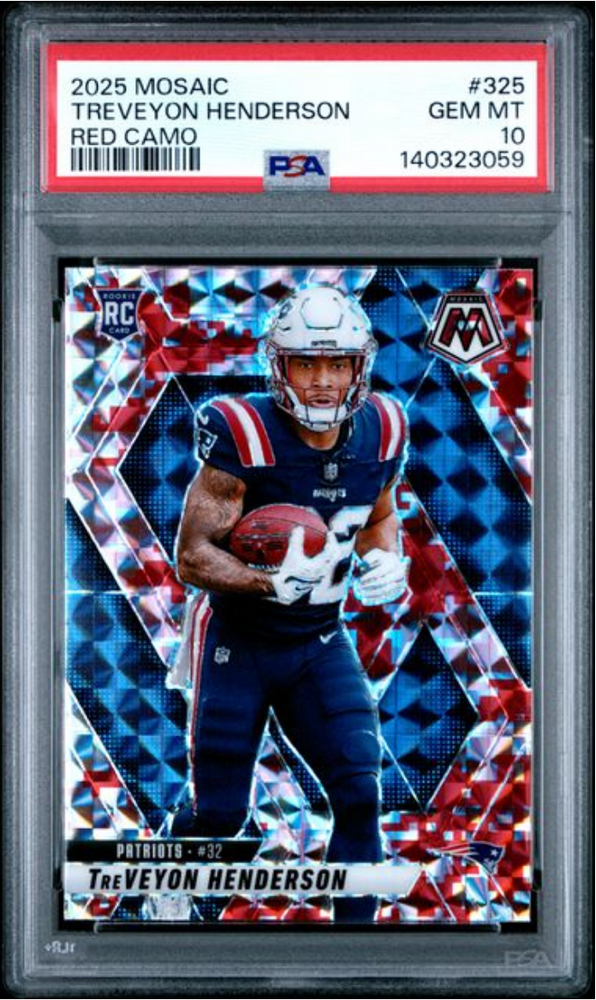 Graded 2025 Panini Mosaic TreVeyon Henderson #325 Red Camo Rookie RC Football Card PSA 10 Gem Mint (ONLINE ORDER ONLY)
