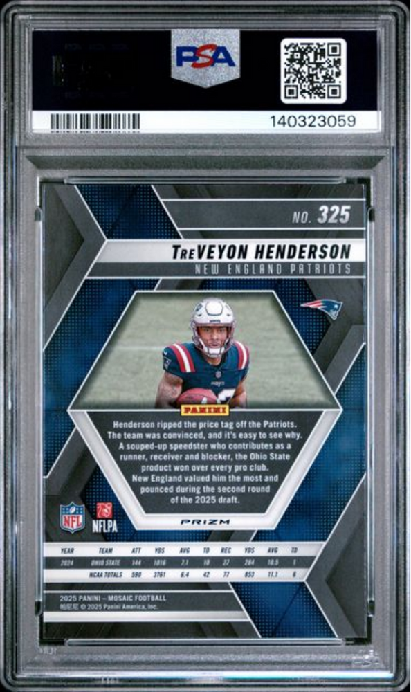Graded 2025 Panini Mosaic TreVeyon Henderson #325 Red Camo Rookie RC Football Card PSA 10 Gem Mint (ONLINE ORDER ONLY)