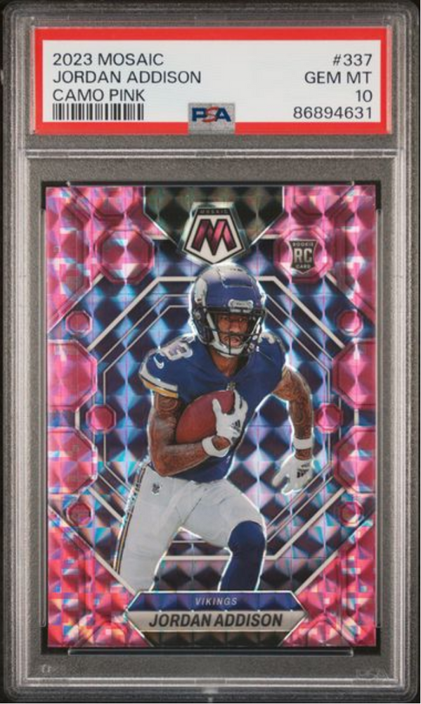 Graded 2023 Panini Mosaic Jordan Addison #337 Camo Pink Rookie RC Football Card PSA 10 Gem Mint (ONLINE ORDER ONLY)