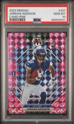 Graded 2023 Panini Mosaic Jordan Addison #337 Camo Pink Rookie RC Football Card PSA 10 Gem Mint (ONLINE ORDER ONLY)