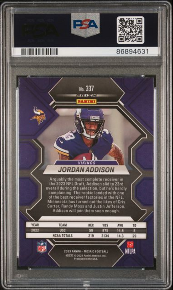 Graded 2023 Panini Mosaic Jordan Addison #337 Camo Pink Rookie RC Football Card PSA 10 Gem Mint (ONLINE ORDER ONLY)